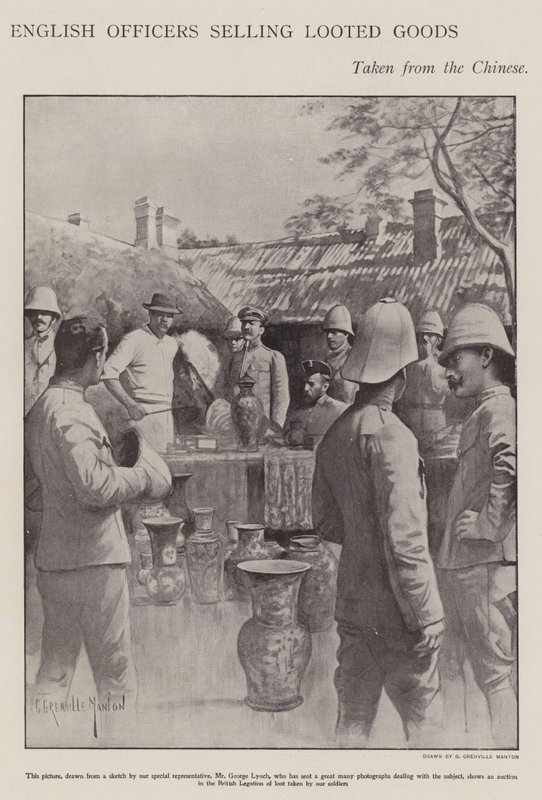 Angol tisztek, akik a boxerlázadás (litho) idején a kínaiaktól elvett árukat árulják alkotó: G. Grenville Manton