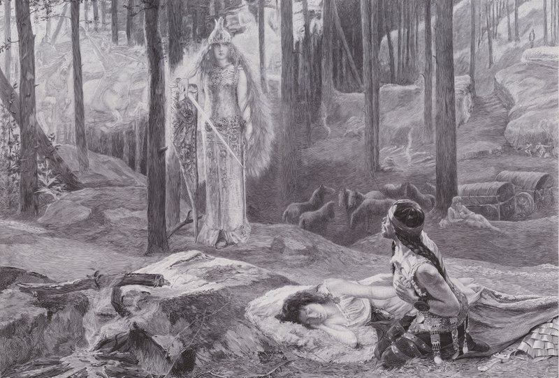 A kinyilatkoztatás (Brunnhilde felfedezi Sieglindét és Siegmundot) (litho) alkotó: Gaston Bussiere