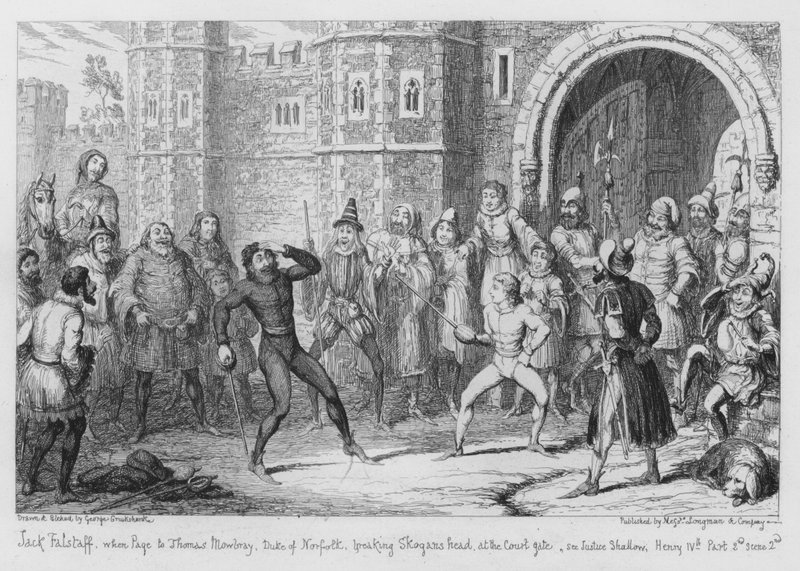 Jack Falstaff, amikor Page Thomas Mowbraynek, Norfolk hercegének betöri Skogan fejét az udvari kapunál, lásd Shallow bíró alkotó: George Cruikshank