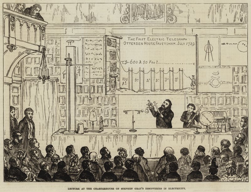 Előadás a Kartaházban Stephen Gray elektromossággal kapcsolatos felfedezéseiről alkotó: George Cruikshank
