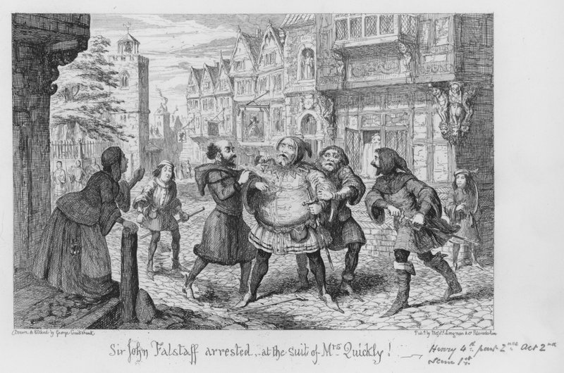Sir John Falstaffot letartóztatták Mrs. Quickly perére! alkotó: George Cruikshank