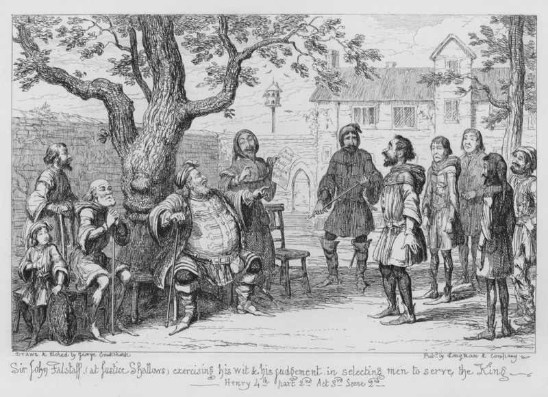 Sir John Falstaff a Justice Shallowsban, aki eszét és ítélőképességét gyakorolja a király szolgálatára szolgáló férfiak kiválasztásában alkotó: George Cruikshank