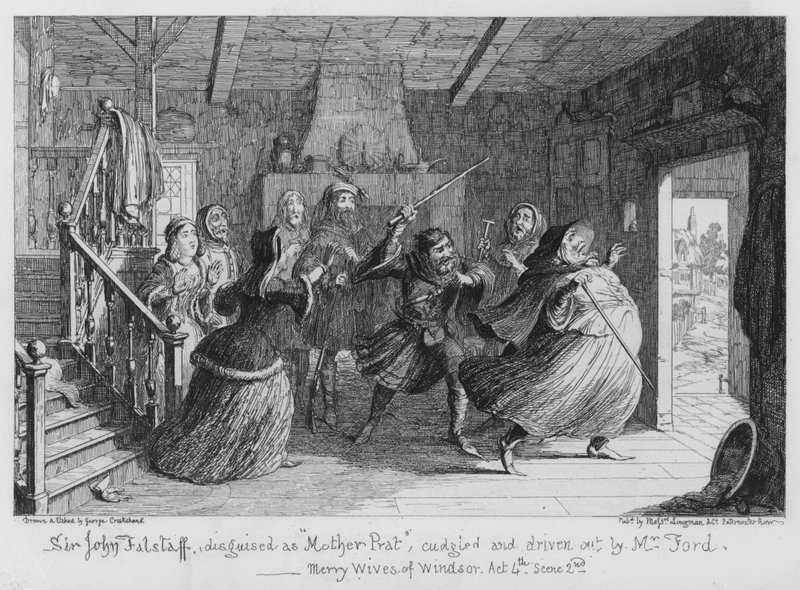 Sir John Falstaff, akit Prat anyának álcáztak, megölelte és elűzte Ford úr alkotó: George Cruikshank