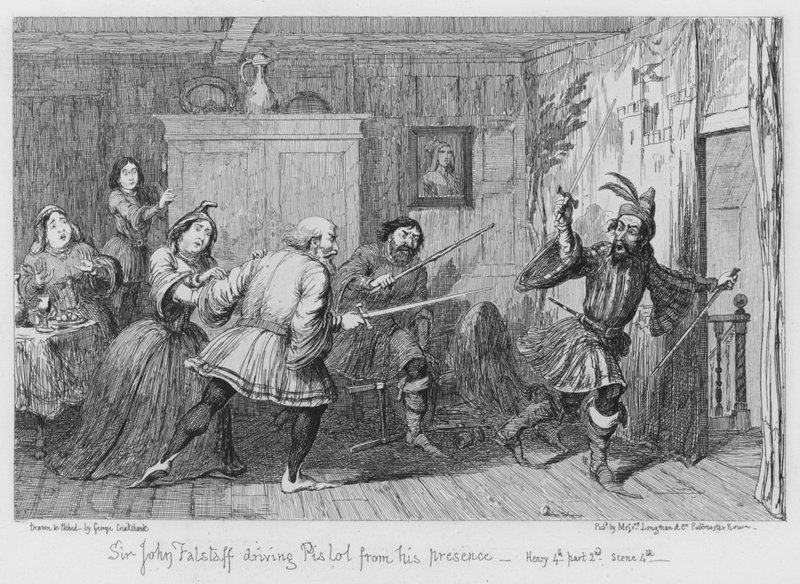 Sir John Falstaff pisztolyt vezet a jelenlétéből alkotó: George Cruikshank