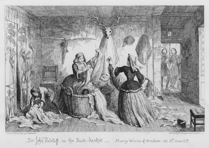Sir John Falstaff a bakkosárban alkotó: George Cruikshank