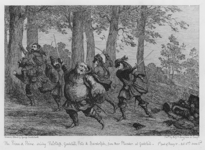 A herceg és Poins elűzi Falstaffot, Gadshillt, Petót és Bardolphot a gadshilli rablásukból alkotó: George Cruikshank