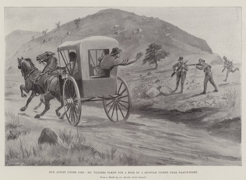 Tűz alatti művészünk, Villiers úr, akit egy vaddisznóért vittek el egy Suffolk Picket Naauwpoort közelében alkotó: George Derville Rowlandson