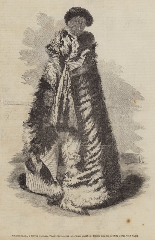 Paratene Maioha, Wangaroa törzsfőnöke, a parawai vagy kutyabőr köpenyt viseli. alkotó: George French Angas