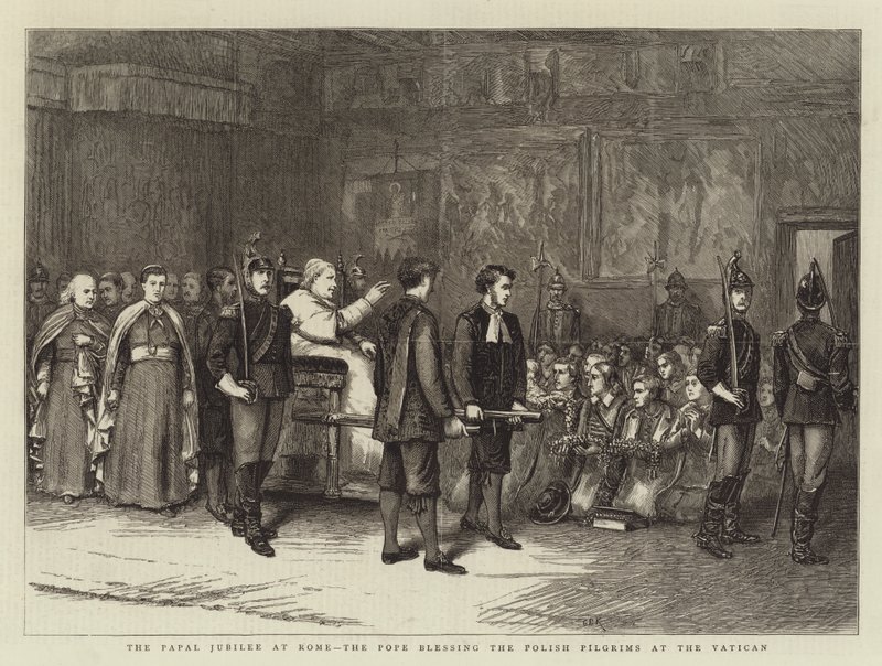 A pápai jubileum Rómában, a pápa megáldja a lengyel zarándokokat a Vatikánban. alkotó: George Goodwin Kilburne
