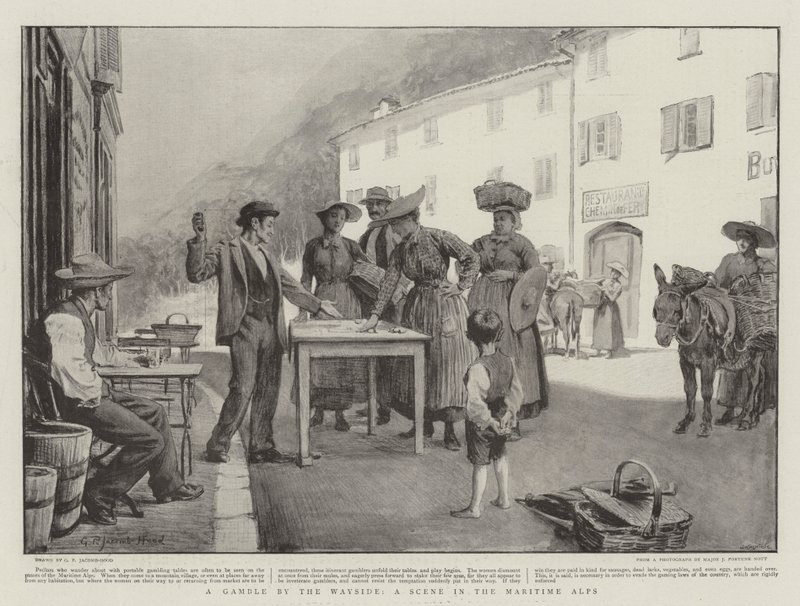 Gamble by the Wayside, jelenet a tengeri Alpokban alkotó: George Percy Jacomb Hood