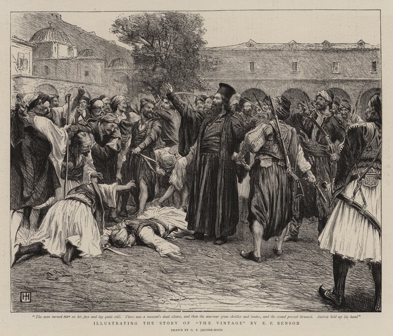 A szüret történetének illusztrálása E. F. Bensontól alkotó: George Percy Jacomb Hood