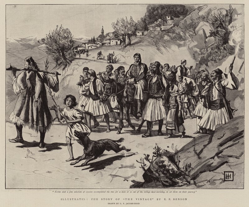 A Szüret történetét illusztrálva E F Benson metszetével alkotó: George Percy Jacomb Hood