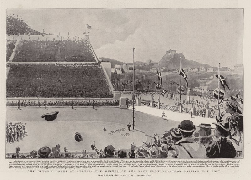 Az athéni olimpiai játékok, a maratoni futam győztese a posta mellett alkotó: George Percy Jacomb Hood