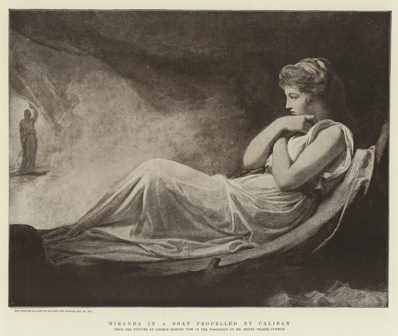 Miranda a Caliban által meghajtott csónakban alkotó: George Romney