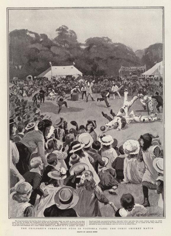 A Gyermekkoronázási Ünnep a Victoria Parkban, a Comic Cricket Match alkotó: George Soper