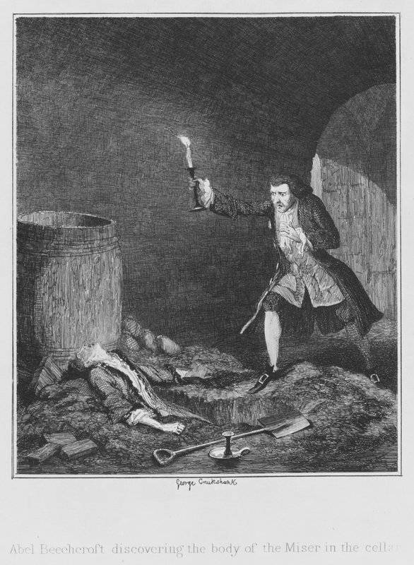 Abel Beechcroft a fösvény holttestét fedezi fel a pincében (metszet) alkotó: George (after) Cruikshank