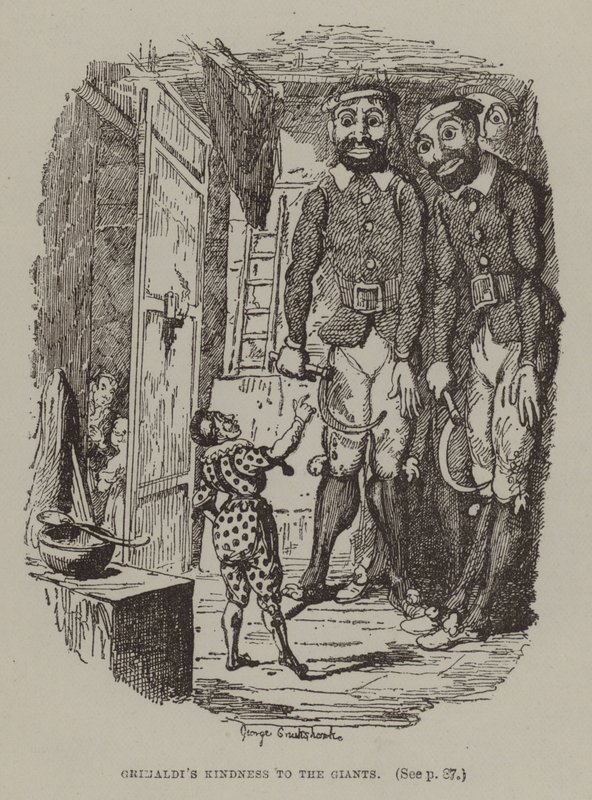 Grimaldi kedvessége az óriásokhoz (metszet) alkotó: George (after) Cruikshank