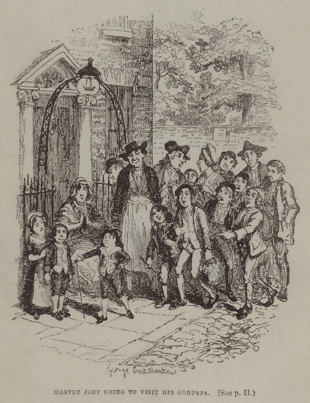 Joey mester meglátogatja a keresztpapáját (metszet) alkotó: George (after) Cruikshank