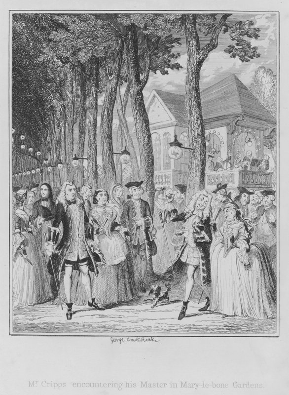Mr. Cripps találkozik mesterével a Mary-le-bone Gardensben (metszet) alkotó: George (after) Cruikshank