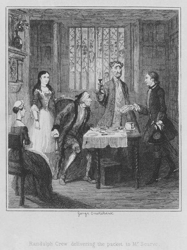 Randulph Crew átadja a csomagot Mr Scarve-nak (metszet) alkotó: George (after) Cruikshank