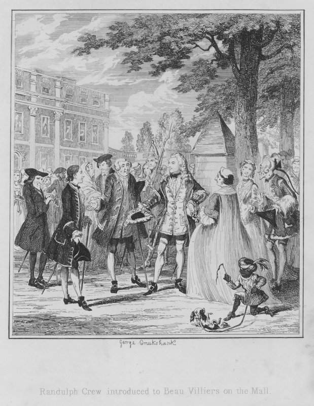 Randulph Crew bemutatta Beau Villiers-t a bevásárlóközpontban (metszet) alkotó: George (after) Cruikshank