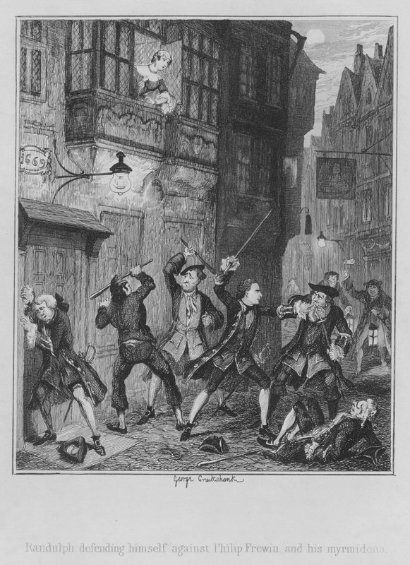 Randulph védekezik Philip Frewin és mirmidonjai ellen (metszet) alkotó: George (after) Cruikshank