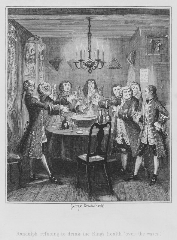 Randulph nem hajlandó meginni a király egészségét „a víz felett” (metszet) alkotó: George (after) Cruikshank