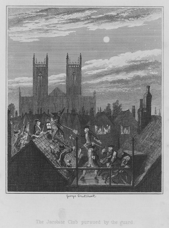 Az őrség által üldözött Jacobite Club (metszet) alkotó: George (after) Cruikshank