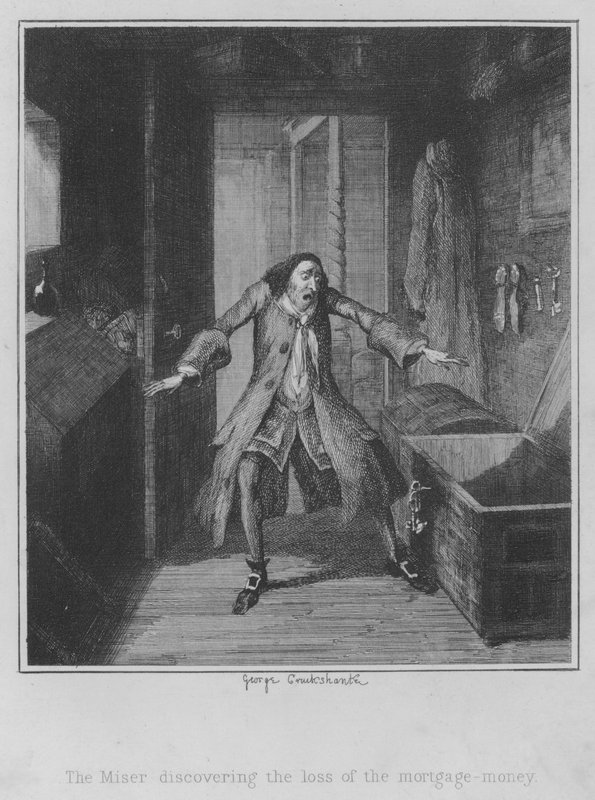 A fösvény felfedezi a jelzálogpénz elvesztését (metszet) alkotó: George (after) Cruikshank