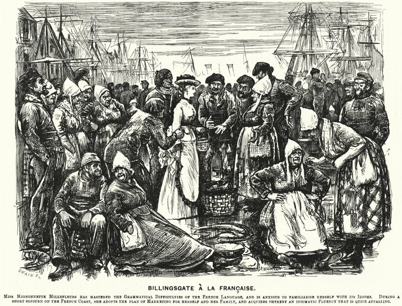 Lyukasztó rajzfilm: Billingsgate a la Francaise (metszet) alkotó: George (after) Du Maurier