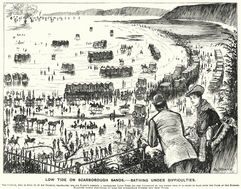 Punch rajzfilm: Apály a Scarborough Sands-on – Fürdés nehézségek közepette (metszet) alkotó: George (after) Du Maurier
