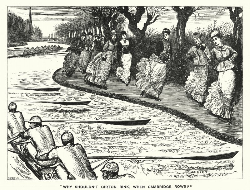 Punch rajzfilm: Miért ne Girton Rink? Mikor a Cambridge Rows? (metszés) alkotó: George (after) Du Maurier