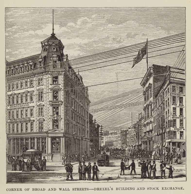 Corner of Broad and Wall Streets, Drexels Building és Stock Exchange alkotó: George Augustus Sala