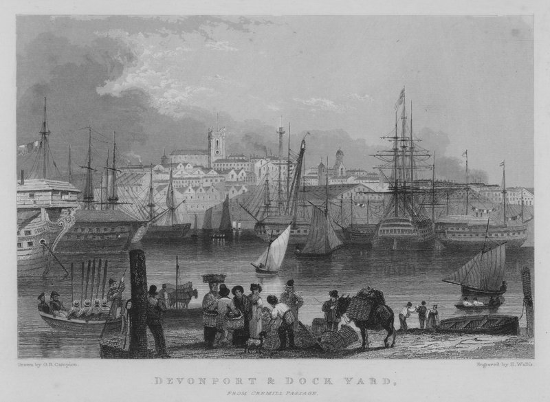 Devonport és Dockyard, a Cremill Passage-ből (metszet) alkotó: George Bryant Campion
