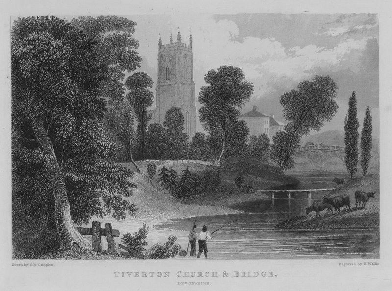 Tiverton templom és híd, Devonshire (metszet) alkotó: George Bryant Campion