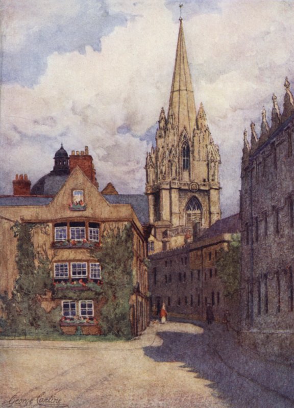 Oxford: Szent Mária-templom az Oriel Street és a Merton Street sarkáról, az Oriel College-val a jobb oldalon alkotó: George Carline
