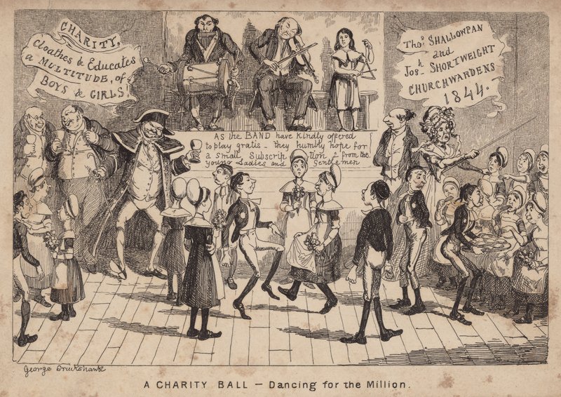 Jótékonysági bál - tánc a millióért; rajzfilm alkotó: George Cruikshank