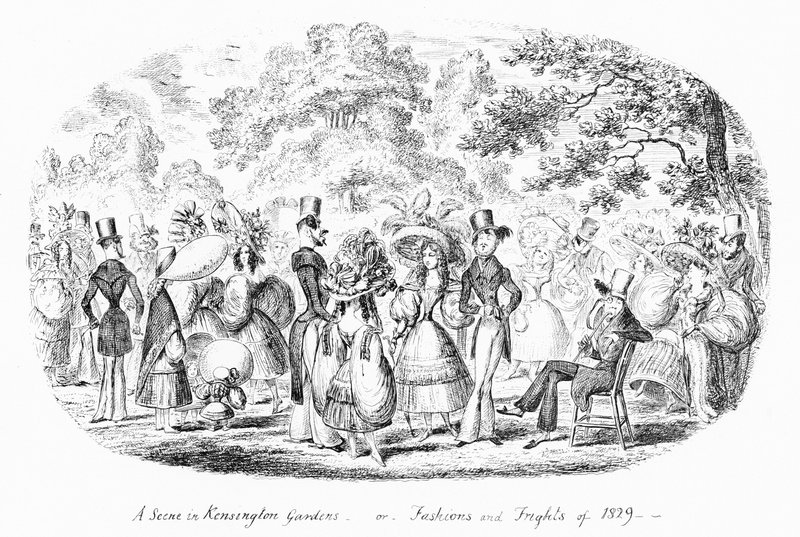 Jelenet a Kensington Gardensben, vagy 1829 divatja és félelmei (metszet) alkotó: George Cruikshank