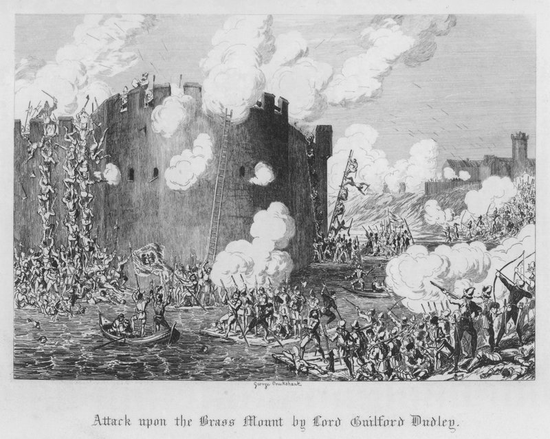 Lord Guilford Dudley támadása a sárgaréz hegy ellen (metszet) alkotó: George Cruikshank