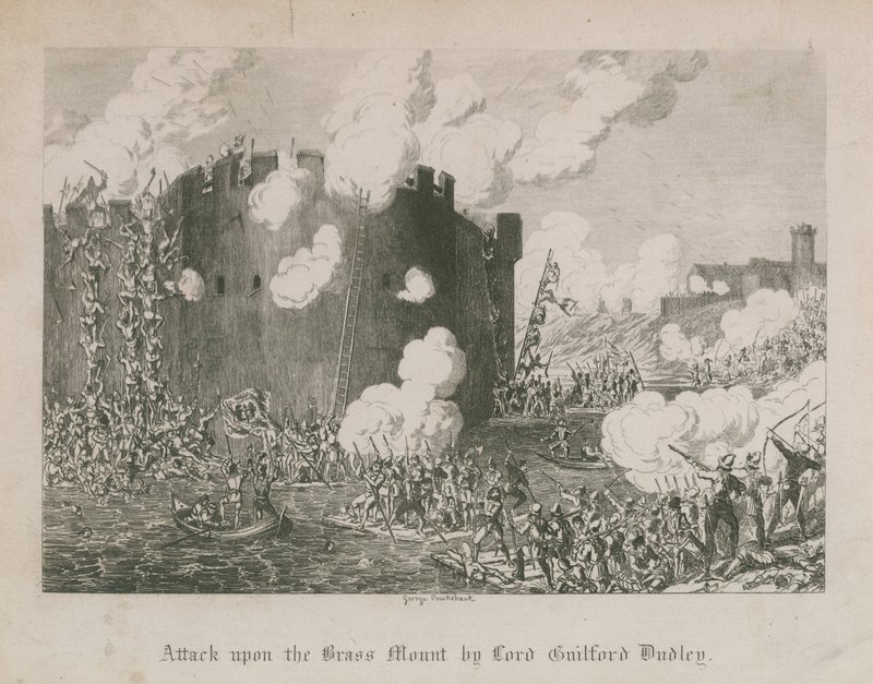 Lord Guilford Dudley támadása a füves hegy ellen alkotó: George Cruikshank