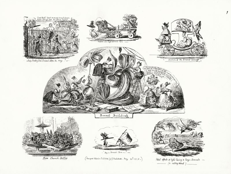 George Cruikshank rajzfilmjei a nagyméretű női motorháztetők témájában (metszet) alkotó: George Cruikshank