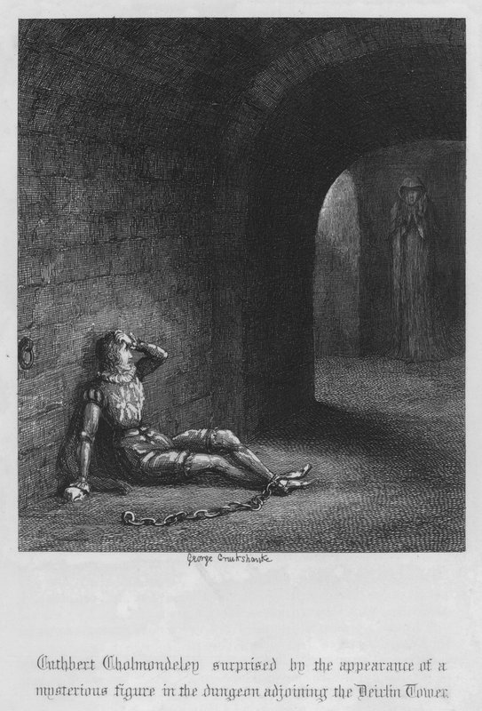 Cuthbert Cholmondeleyt meglepte egy titokzatos alak megjelenése az Ördögtoronnyal szomszédos börtönben (metszet) alkotó: George Cruikshank