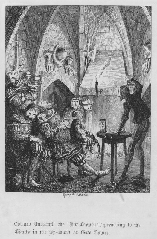 Edward Underhill, a "forró evangélium", prédikál az óriásoknak a By-wardban vagy a Kaputoronyban (metszet) alkotó: George Cruikshank
