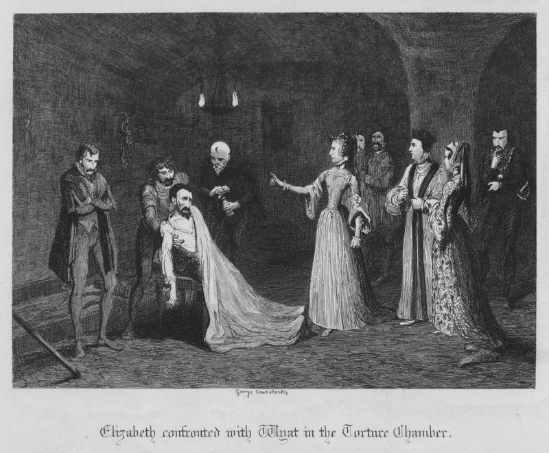 Erzsébet szembekerült Wyattal a kínzókamrában (metszet) alkotó: George Cruikshank