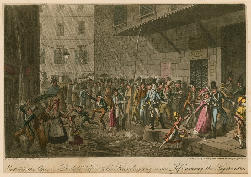 bejárat az Operába; vagy Dick Wildfire és barátai elmennek megnézni az Élet a figurák között alkotó: George Cruikshank