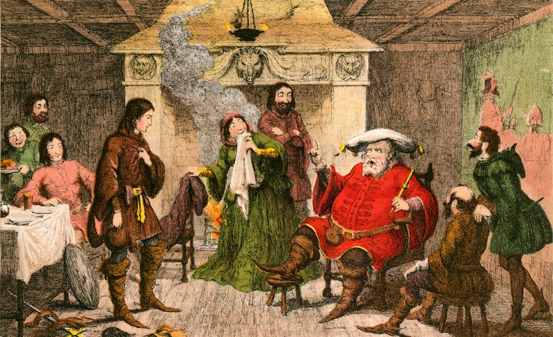 Falstaff játssza a király szerepét. alkotó: George Cruikshank