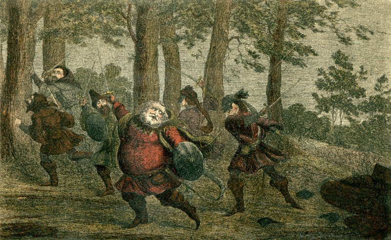 Falstaff halálra izzad, és a sovány földet zsírozza, miközben sétál alkotó: George Cruikshank
