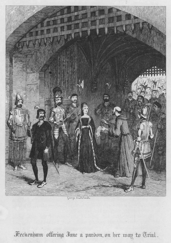 Feckenham bocsánatot ajánl Jane-nek, útban a tárgyalásra (metszet) alkotó: George Cruikshank