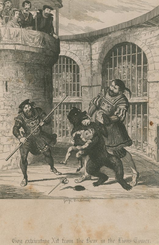 Gog kiszabadítja Xit a medvéből a Lions Towerben alkotó: George Cruikshank