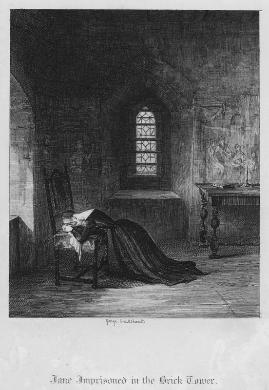 Jane bebörtönzött a téglatoronyban (metszet) alkotó: George Cruikshank